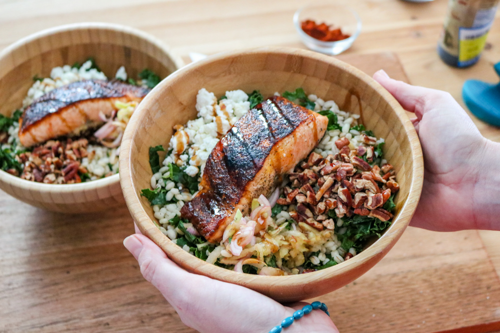 Plated-Food-Salmon-Bowl-5891 JLO Kitchens lifestyle image of a plated salmon bowl<br />